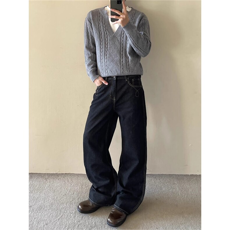 美式cleanfit明线原牛直筒牛仔裤男女宽松阔腿长裤子潮牌,男装牛仔裤,星座1210-1