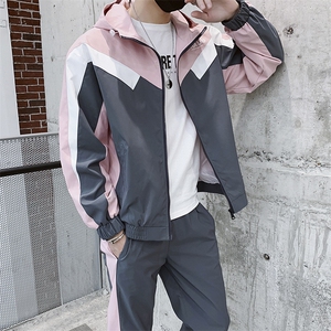 套装男士宽松2021春季新款嘻哈卫衣连帽撞色两件套DS366T图片