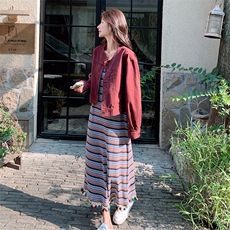 显瘦条纹连衣裙女2025春秋套装安哥拉红外套长裙流苏背心裙两件套，女装套装/套裙，2C305