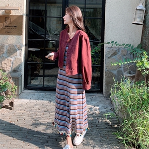 显瘦条纹连衣裙女2025春秋套装安哥拉红外套长裙流苏背心裙两件套图片