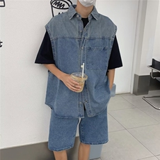 牛仔套装男韩版潮流无袖高街帅气2026夏季ins宽松五分裤W4894-P80，男装牛仔裤，星座412