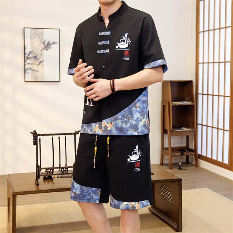 潮风套装男新中式短袖衬衫时尚休闲短裤两件套JZ307-P58,男装牛仔裤,星座310B-3