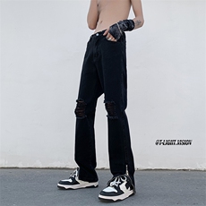 B221美式ins高街暗黑拉链小脚弹力破洞牛仔裤LK23060-P65控88，男装牛仔裤，电商B221