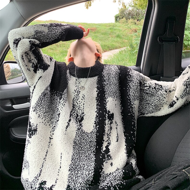 美式慵懒风不规则竖条纹高级感圆领毛衣男女针织衫-控88,男装针织衫/毛衣,星座310A-3
