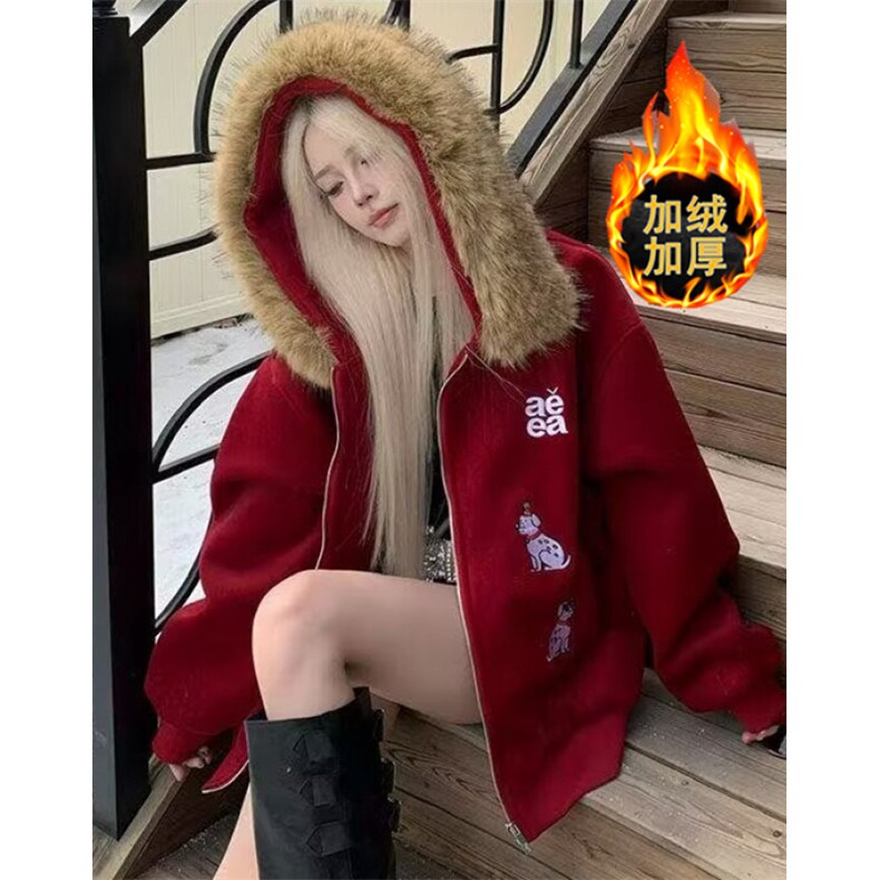 刺绣加厚毛领棉衣女冬季新款新中式灯笼袖连帽保暖外套 M8106图片