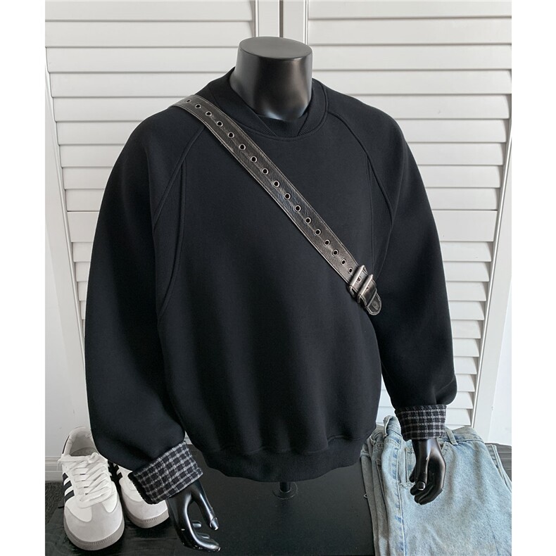 秋季新品套头罗纹装饰拼接卫衣纯色百搭情侣复古宽松 D443 特P58图片