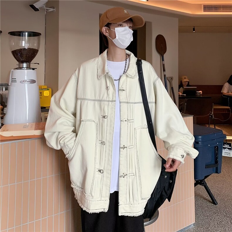 潮人单品外套男潮小众设计感纯色宽松长袖情侣装牛仔夹克图片