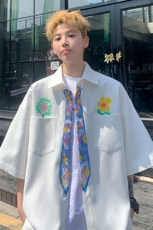 港风大码印花学院风衬衫男夏季美式复古百搭潮牌宽松痞帅半袖上衣，男装衬衫，电商A022