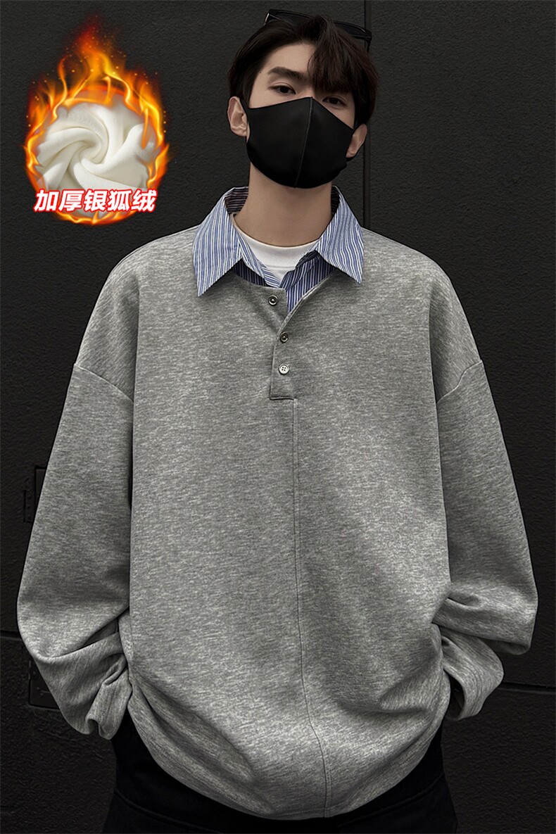 假两件衬衫领舒适加绒银狐绒宽松长袖卫衣男W2343J加绒-特P40控78,男装衬衫,电商A001