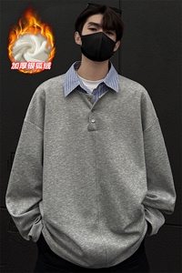 假两件衬衫领舒适加绒银狐绒宽松长袖卫衣男W2343J加绒-特P40控78图片