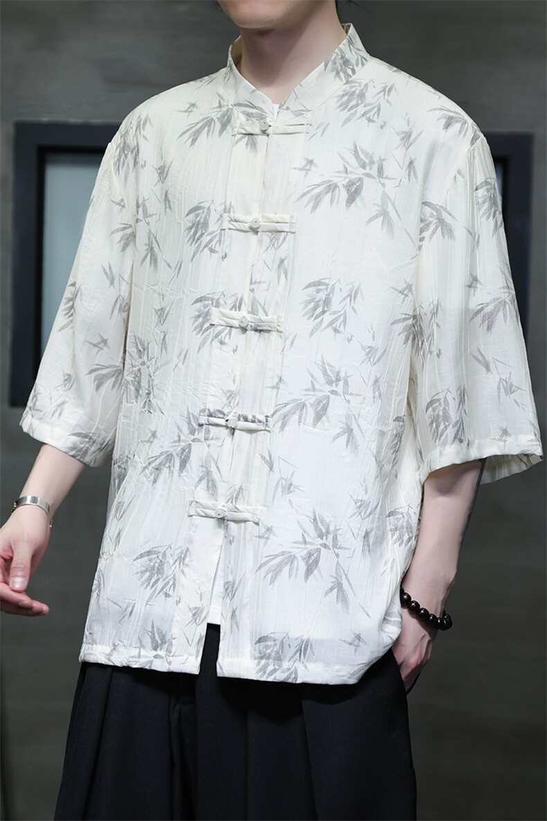 2025夏季新款风男装盘扣新中式唐装书法印花衬衫C107-P55,男装衬衫,电商B277(原6028)
