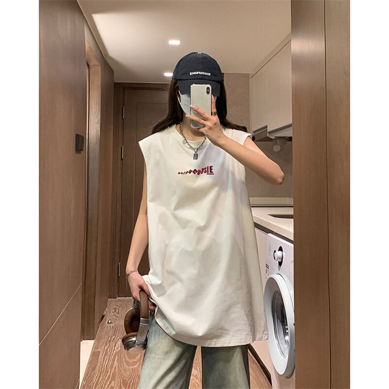 日系男女同款宽松无袖坎肩上衣休闲简约印花设计短袖HY790TP16,男装T恤,电商A102B