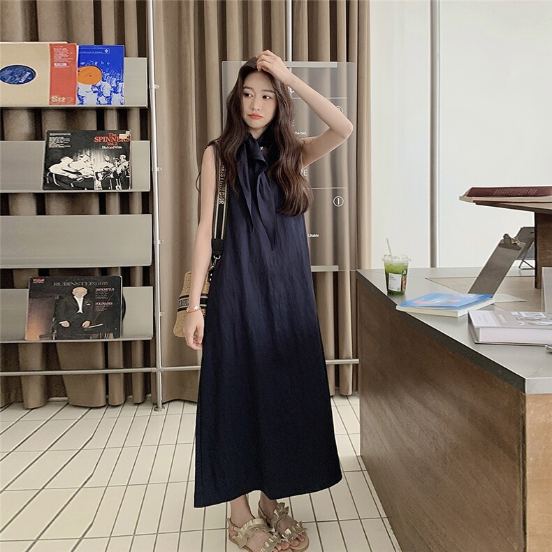 法式超火藏青色无袖背心连衣裙女夏2025新款气质温柔风高级感长裙,女装连衣裙,2C261