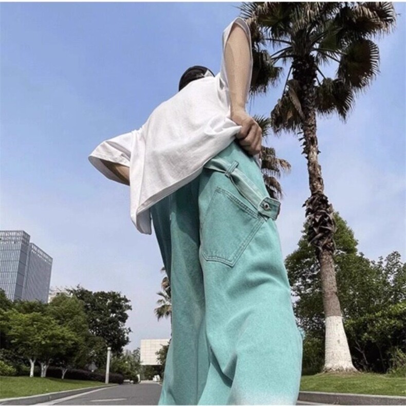 街头hiphop潮牌嘻哈彩色阔腿牛仔裤男vibe多巴胺渐变破洞休闲裤,男装休闲裤,星座506A