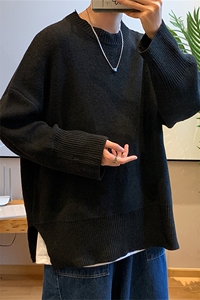 纯色圆领毛衣街头宽松潮流开叉针织衫外套宽松男上衣 M199-P30图片