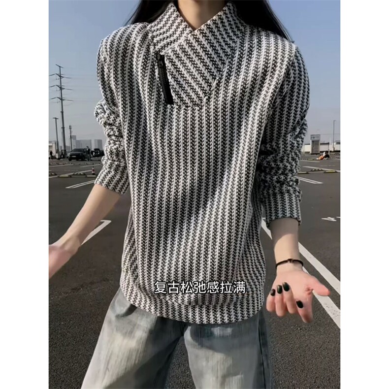 高品质春装新款老钱风美式高街鱼骨纹斜拉链解构高领卫衣长袖t恤,男装T恤,电商A443