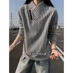高品质春装新款老钱风美式高街鱼骨纹斜拉链解构高领卫衣长袖t恤图片