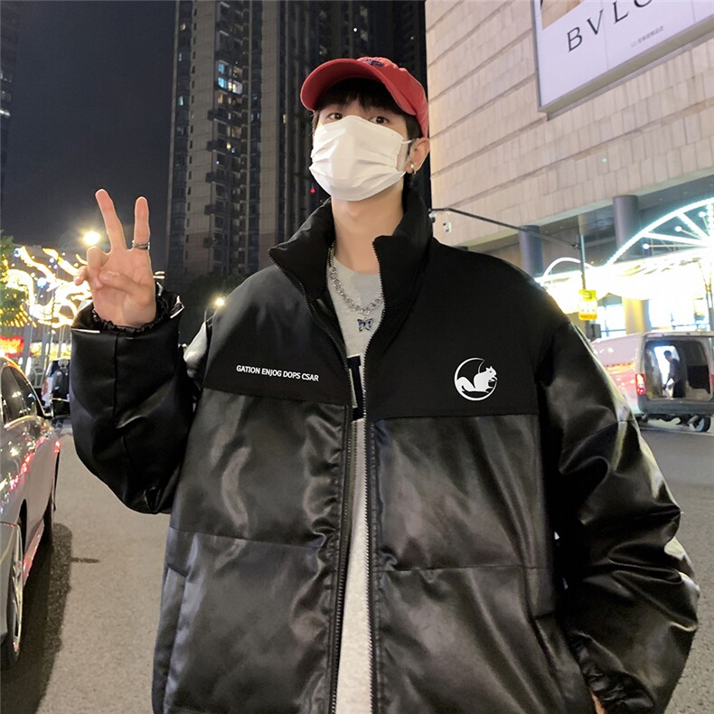 港风夜景可爱松鼠印花休闲立领PU皮棉服A247-MY84006特批95控158,男装棉衣,电商A247