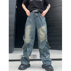 穿搭高级感男设计感小众拼接复古做旧牛仔裤直筒休闲长裤N1108，男装牛仔裤，星座1116A-1（原606A）