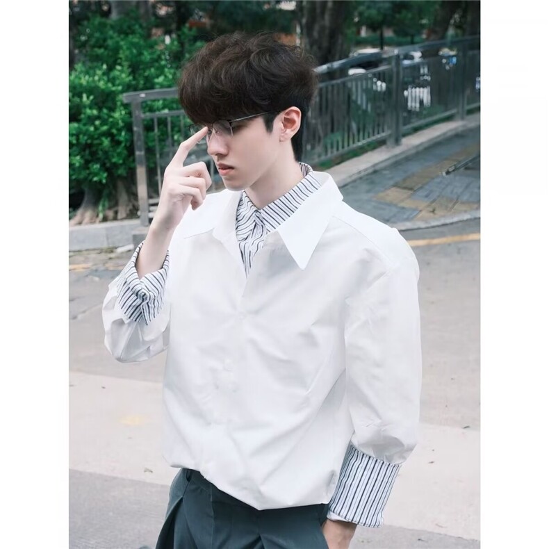 新款ins潮流日系流行文艺简约气质百搭原宿时尚假两件衬衫慵懒，男装衬衫，星座506A