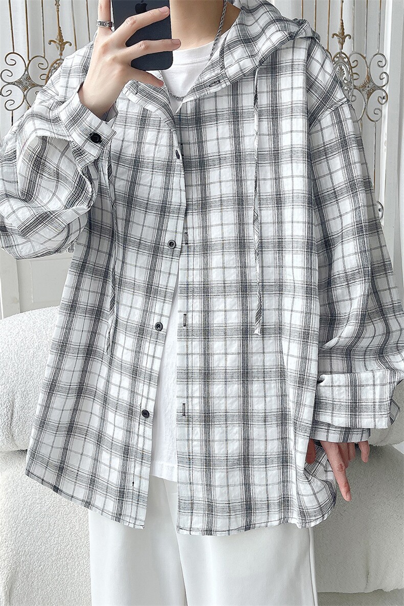 连帽格子长袖衬衫男女宽松衬衣防晒外套美式复古C2238-特价P33,男装防晒衣,电商A007