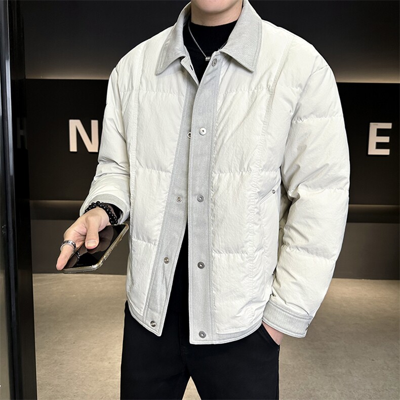 90%标白鸭绒2025冬季翻领拼接休闲加厚羽绒服外套25162-P335,男装羽绒服,电商A413