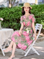 温柔甜美印花棉麻短袖连衣裙女2026夏季薄款舒适系带收腰气质长裙，女装连衣裙，倪叶myz
