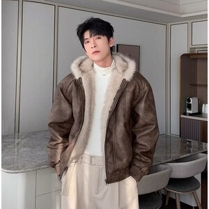 网图现货 美式宽松连帽兔毛座山雕加厚PU皮棉服MY90/P115图片
