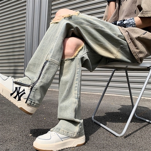 2023夏季新款百搭破洞牛仔裤裤脚拉链微喇裤313A-1-NZ038-P65控78,男装牛仔裤,星座808A-1