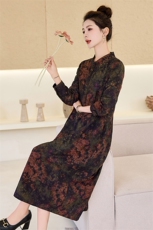 长袖棉麻连衣裙女2026春新款复古宽松显瘦气质中年妈妈碎花长裙，女装连衣裙，倪叶myz