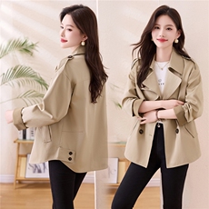 现货春秋双排扣洋气休闲通勤风衣纯色气质外套减龄大码女式风衣，女装大码女装，木橙西子