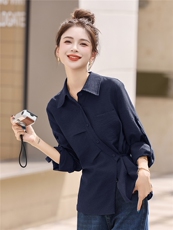 2025早秋新款纯色百搭侧边系带长袖衬衫女设计感小众上衣，女装衬衫，丽影随形