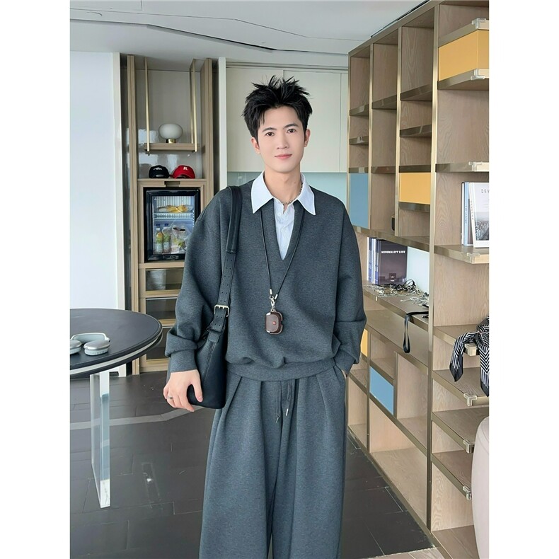 新款男时尚高级时尚简约潮流假两件条纹衬衫领卫衣图片