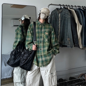 衬衫男春季新款港风宽松大码磨毛格子长袖衬衣CS618-P35图片