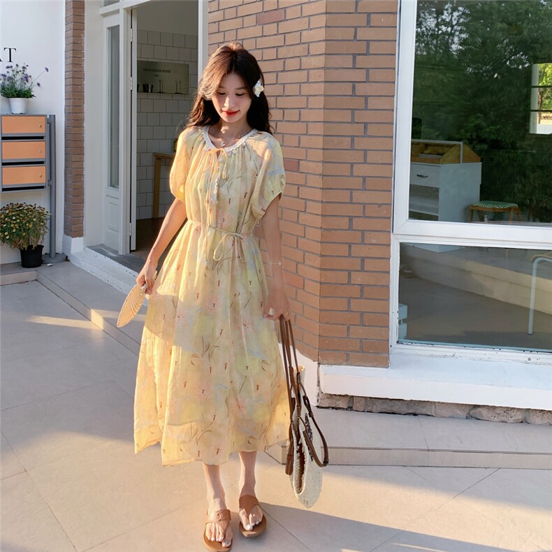 2025夏季新款韩系甜美减龄百搭显瘦碎花V领系带连衣裙长裙,女装连衣裙,2D076