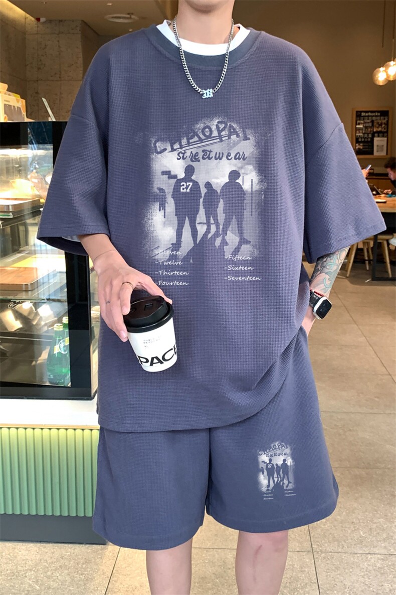！2025夏季新款男士华夫格短袖套装百搭学生一套HTZ99P50,男装T恤,电商B220