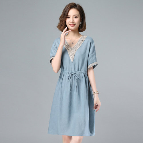 2021夏季新款时尚休闲拼接镂空抽绳连衣裙,女装连衣裙,叶笙衣