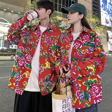 C203情侣大花长袖衬衫男女休闲衬衣新中式汉服团队服表演出宽松潮，男装衬衫，星座115A(原星座507）