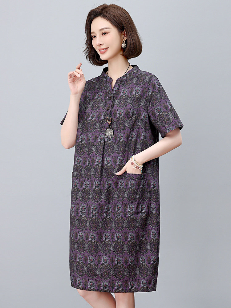 纯棉印花连衣裙女夏2025新款中年妈妈宽松大码遮肚子显瘦减龄裙子,女装连衣裙,依恋蒂丝