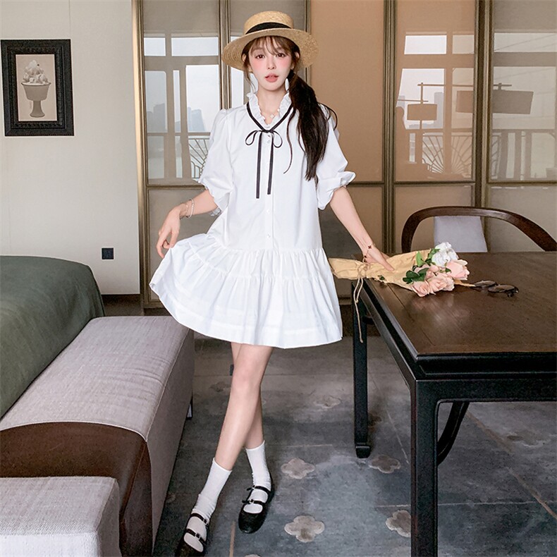 学院风甜美少女白色中袖连衣裙女2025春夏秋超火巨好看减龄小短裙,女装连衣裙,浙宝276（原081）