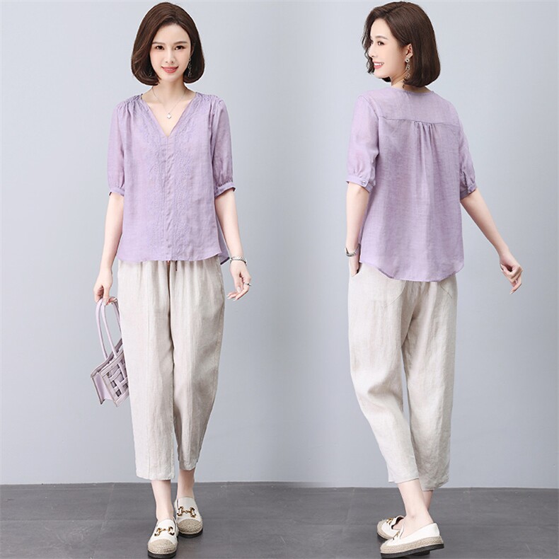 苎麻套装女2023年夏季新款时尚宽松中年妈妈大码棉麻九分裤两件套，女装套装/套裙，江忆布依