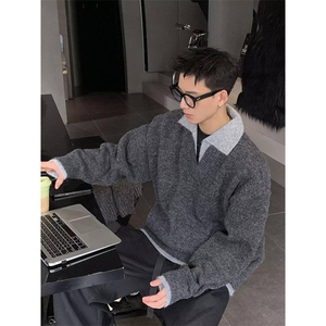 重磅北极绒假两件衬衫领毛衣美式高街复古休闲慵懒纯色翻领针织衫
