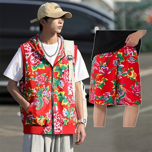 TZ002东北大花休闲连帽马甲坎肩背心男女团队服短裤运动套装汉服图片