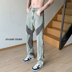 B221美式ins高街暗黑小众拼接修身小脚牛仔裤LK23038-P65控88，男装牛仔裤，电商B221