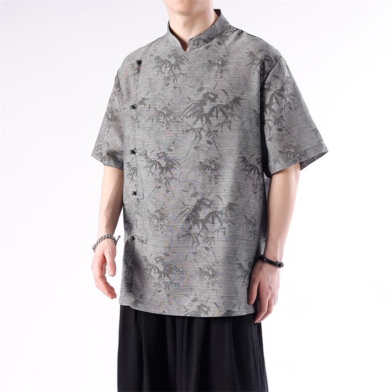 新中式短袖棉麻大码立领衬衫竹叶提花CS35-P65,男装衬衫,电商A021