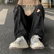 炸街vibe风裤子高街烟灰色破洞牛仔裤男美式直筒乞丐裤K7209-P40，男装牛仔裤，星座512-4