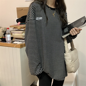 MN1031-P48 条纹T恤打底衫女秋季新款圆领长袖卫衣女韩版上衣服图片