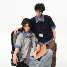 1506/QS2380/P40美式假两件格纹POLO复古学院风宽松休闲百搭T恤，男装T恤，星座1506