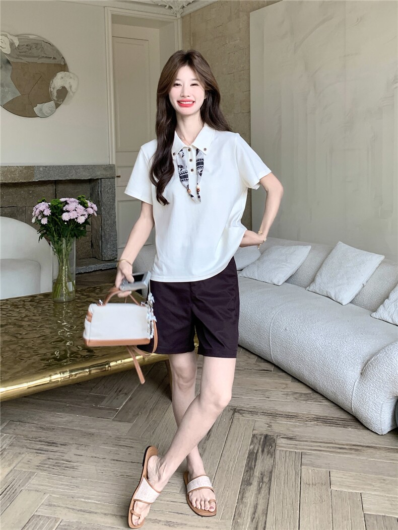 2026新款气质学院风撞色丝巾短袖衬衫套装女夏日2026新款两件套,女装套装/套裙,艾米莉亚