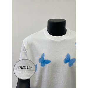 cleanfit黑色蝴蝶印花T恤夏美式复古小领口短袖潮牌宽松V05-P25图片